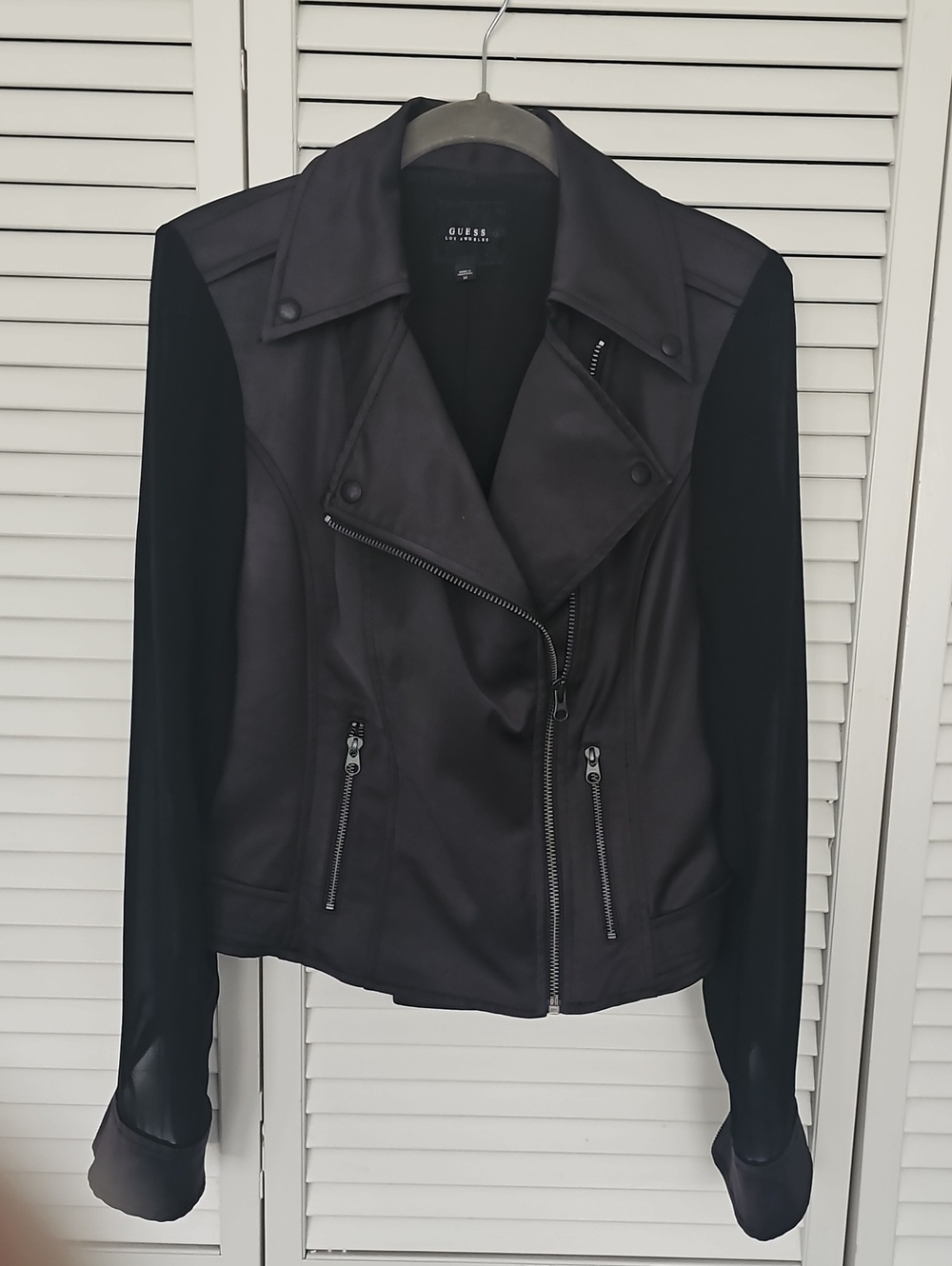 Guess Black Faux Leather Moto Jacket with Black Sheer Knit Sleeves